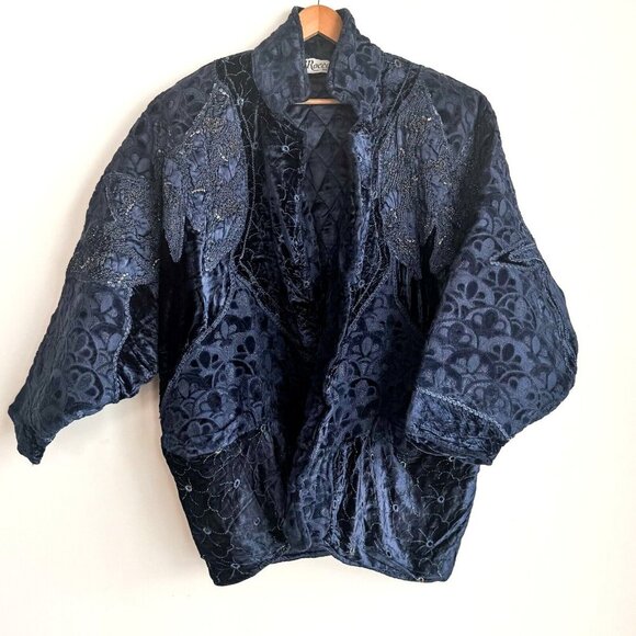 Vintage O'Rocco Blue Velvet Embellished Embroidered Maximalist Jacket L - Picture 1 of 8